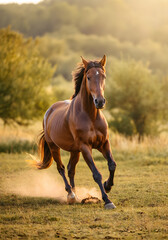 Obraz premium A majestic horse running in a golden field at golden hour, soft warm light, natural and realistic tones, cinematic feel, medium shot with blurred background (bokeh).