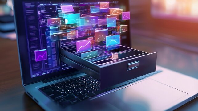 A laptop with digital files emerging from the screen, symbolizing digital archiving and data storage.