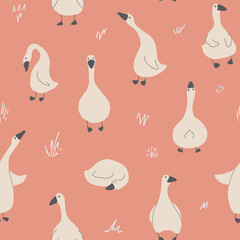 Goose Seamless Pattern. Cute Cartoon geese, Vector Illustration Background.