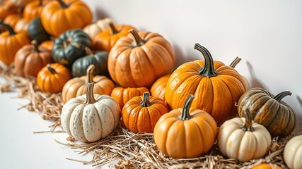Assorted Pumpkins on Straw - Autumnal Harvest Still Life, High Resolution