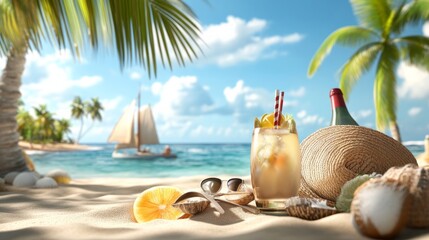 Obraz premium Relaxing beach scene with tropical drink, sailboat, and natural beauty in a sunny paradise
