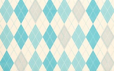 Seamless diamond argyle check pattern in blue and white with dotted red stitch. Vector geometric diamonds background. Fabric texture print for clothing, wrapping paper, decor
