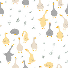 Goose Seamless Pattern. Cute Cartoon geese, Vector Illustration Background.