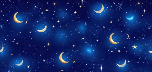 Seamless pattern of hand-drawn constellations and crescent moons on a deep navy background for a celestial look