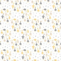 Goose Seamless Pattern. Cute Cartoon geese, Vector Illustration Background.