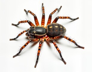 Obraz premium Closeup view of dead spider on white background. Arachnid brown, orange striped legs, dark body with spots. Invertebrate on isolated backdrop. Scary macro view of spider. Dangerous, wild. Pest