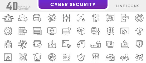 Cyber Security line icon set. Virus, fraud, malware bug, threat, theft, data phishing, hacker, password, safety, key, shield line icon set. UI thin line icon pack.