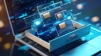 Digital file folders emerging from a laptop symbolize efficient data organization and management.