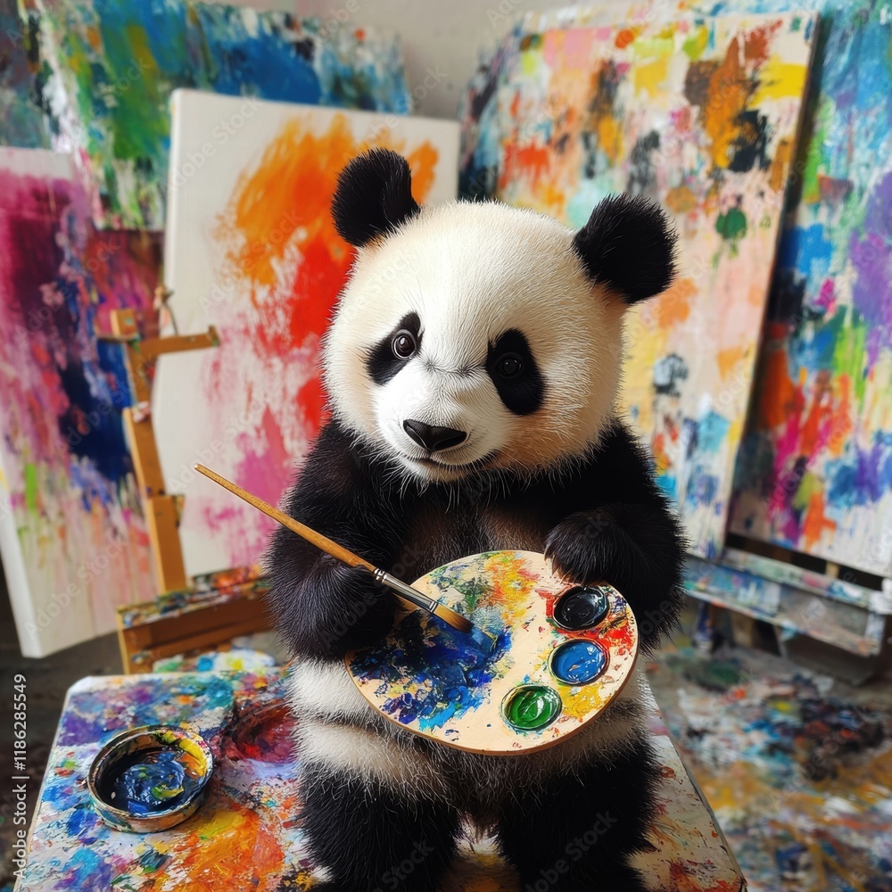 Aufkleber creative panda enjoys painting with a brush and palette in a vibrant art studio filled with colorful