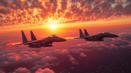 Military aircraft soaring through dramatic sunset sky, aerial combat readiness concept