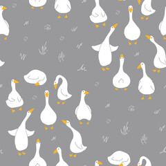 Goose Seamless Pattern. Cute Cartoon geese, Vector Illustration Background.