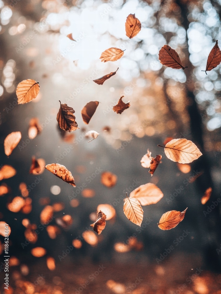 Poster beautiful autumn leaves fall gently amidst a serene forest setting during a sunny afternoon. generat