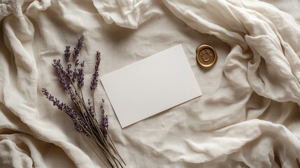 : Minimalist wedding blank card with lavender and wax seal. Copy space. Generative AI