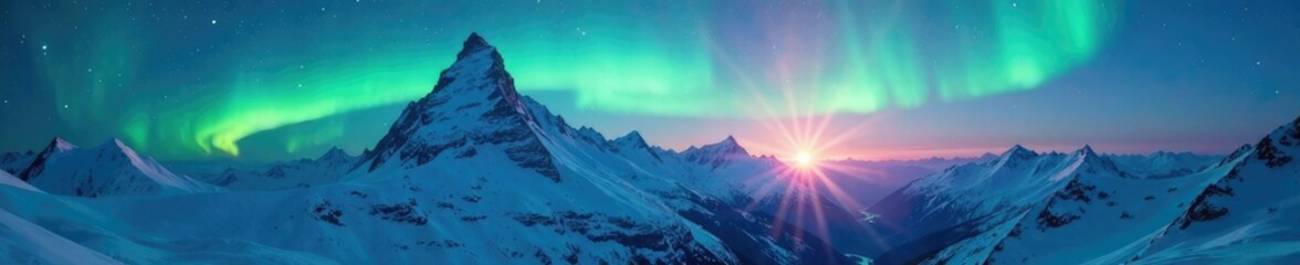 Obraz premium Ethereal glow of aurora borealis above mountain peaks, Snow-Covered Peaks, Northern Lights, Soft Glow