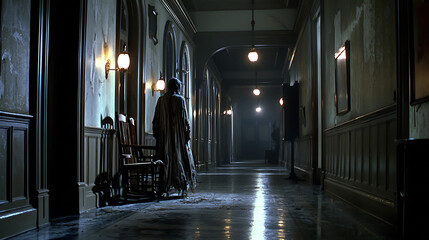 Fototapeta premium A hallway with a person in a cloak and a chair. generated using AI