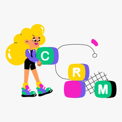 Woman building CRM blocks in a flat vector illustration symbolizing customer relationship management, business strategy, and marketing automation, isolated on white.
