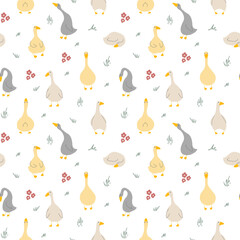 Goose Seamless Pattern. Cute Cartoon geese, Vector Illustration Background.