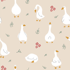 Goose Seamless Pattern. Cute Cartoon geese, Vector Illustration Background.
