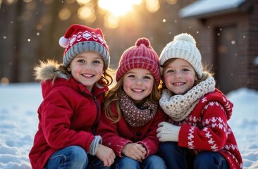 children in snowy outdoor scene, kids in red winter jackets and hats enjoying snowy day at sunset, winter wonderland fun - concept of snowy playtime, kids' winter activities, outdoor adventure