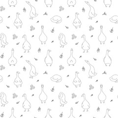 Goose Seamless Pattern. Cute Cartoon geese, Vector Illustration Background.