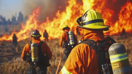 Wildfires burning restoration concept. Firefighters battle a raging wildfire, equipped with protective gear, as flames engulf the landscape, showcasing bravery and teamwork in emergency response.