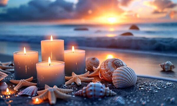 Relaxing beach scene with candles and seashells at sunset
