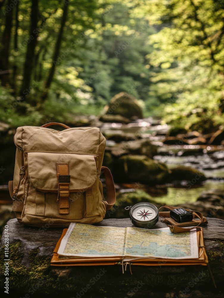 Aufkleber Nature exploration essentials with a backpack and tools near a tranquil forest stream setting. Generative AI