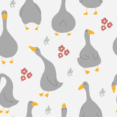 Goose Seamless Pattern. Cute Cartoon geese, Vector Illustration Background.