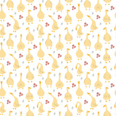 Goose Seamless Pattern. Cute Cartoon geese, Vector Illustration Background.