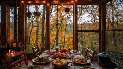 A family enjoys dinner in a cozy forest cabin with hearty homemade dishes, a warm fireplace, and views of surrounding trees and nature