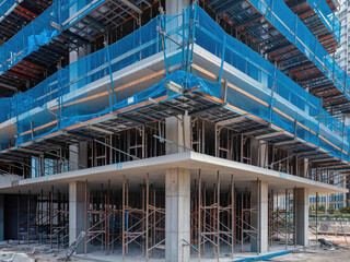 Building construction site with metal scaffolding