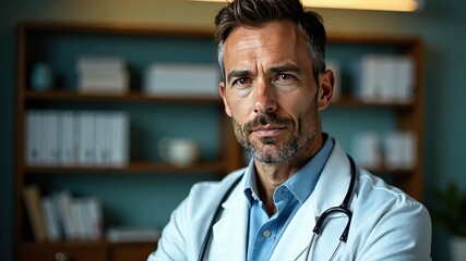 Fototapeta premium Male Doctor Portrait - White Coat, Depth & Mood