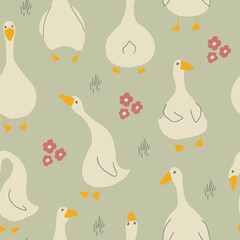 Goose Seamless Pattern. Cute Cartoon geese, Vector Illustration Background.