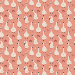 Goose Seamless Pattern. Cute Cartoon geese, Vector Illustration Background.