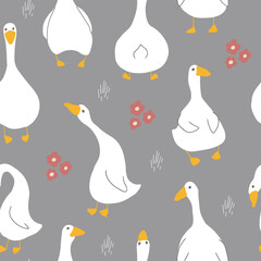 Goose Seamless Pattern. Cute Cartoon geese, Vector Illustration Background.
