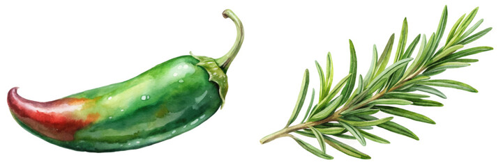 Fresh jalapeno pepper, aromatic rosemary sprig, vibrant colors, watercolor style, culinary herbs, food illustration.