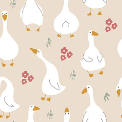 Goose Seamless Pattern. Cute Cartoon geese, Vector Illustration Background.