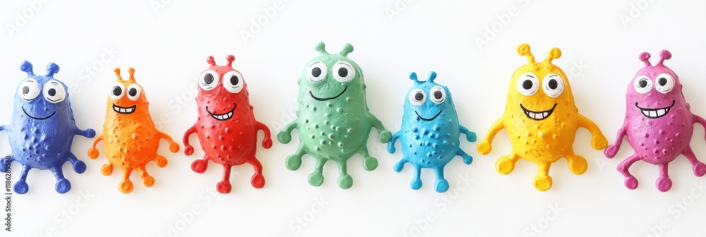 Aufkleber cheerful microbes with eyes and smiles in bright colors lined up happily on a white background. gene