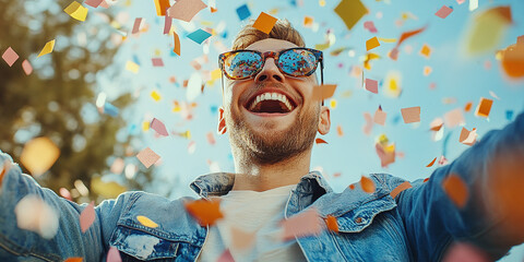 A joyful man in sunglasses surrounded by colorful confetti, smiling with arms outstretched under a clear blue sky, celebrating an exciting moment outdoors.