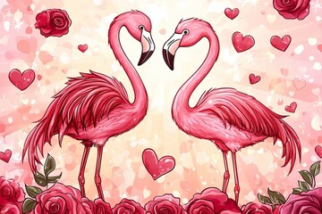 Obraz premium Illustration of two flamingos, with large roses, floating hearts.