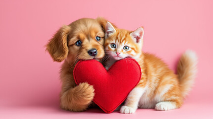 Dog and Cat Holding a Heart as a Symbol of Friendship