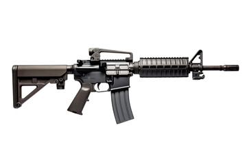 M4A1 rifle isolated on a transparent background, showcasing a modern tactical firearm perfect for military, law enforcement, or combat-related projects. Ideal for designs, presentations, and creative.