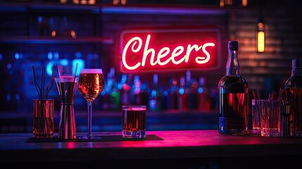 A vibrant bar scene featuring drinks and a neon "Cheers" sign.