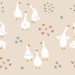 Goose Seamless Pattern. Cute Cartoon geese, Vector Illustration Background.