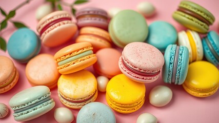 Pastel Macarons Flat Lay - Colorful French Macarons on Pink Background