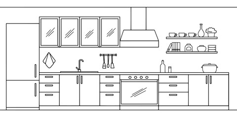 Kitchen room graphic black white home interior sketch illustration vector 