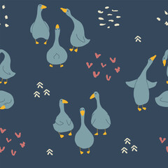 Goose Seamless Pattern. Cute Cartoon geese, Vector Illustration Background.