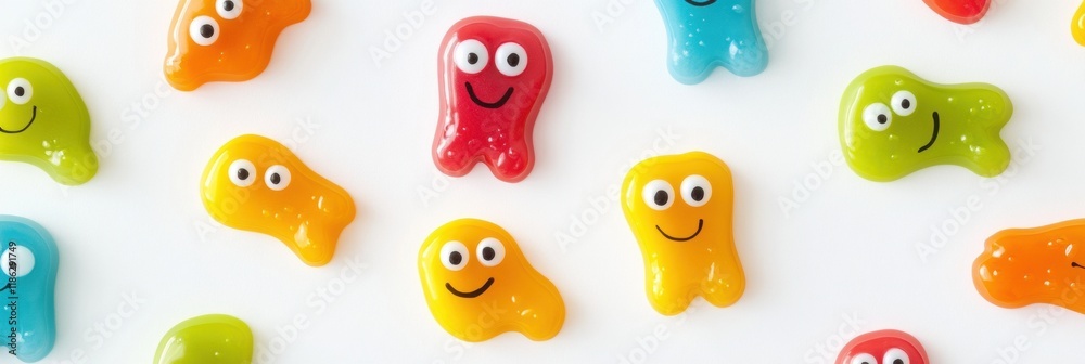 Aufkleber bright and cheerful microbes with eyes and smiles are scattered on a white surface in a fun and play