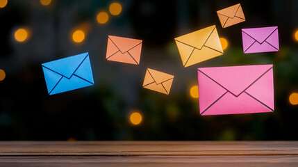 Colorful envelopes floating against blurred background create lively email marketing theme. This vibrant scene captures essence of digital communication and creativity