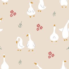 Goose Seamless Pattern. Cute Cartoon geese, Vector Illustration Background.
